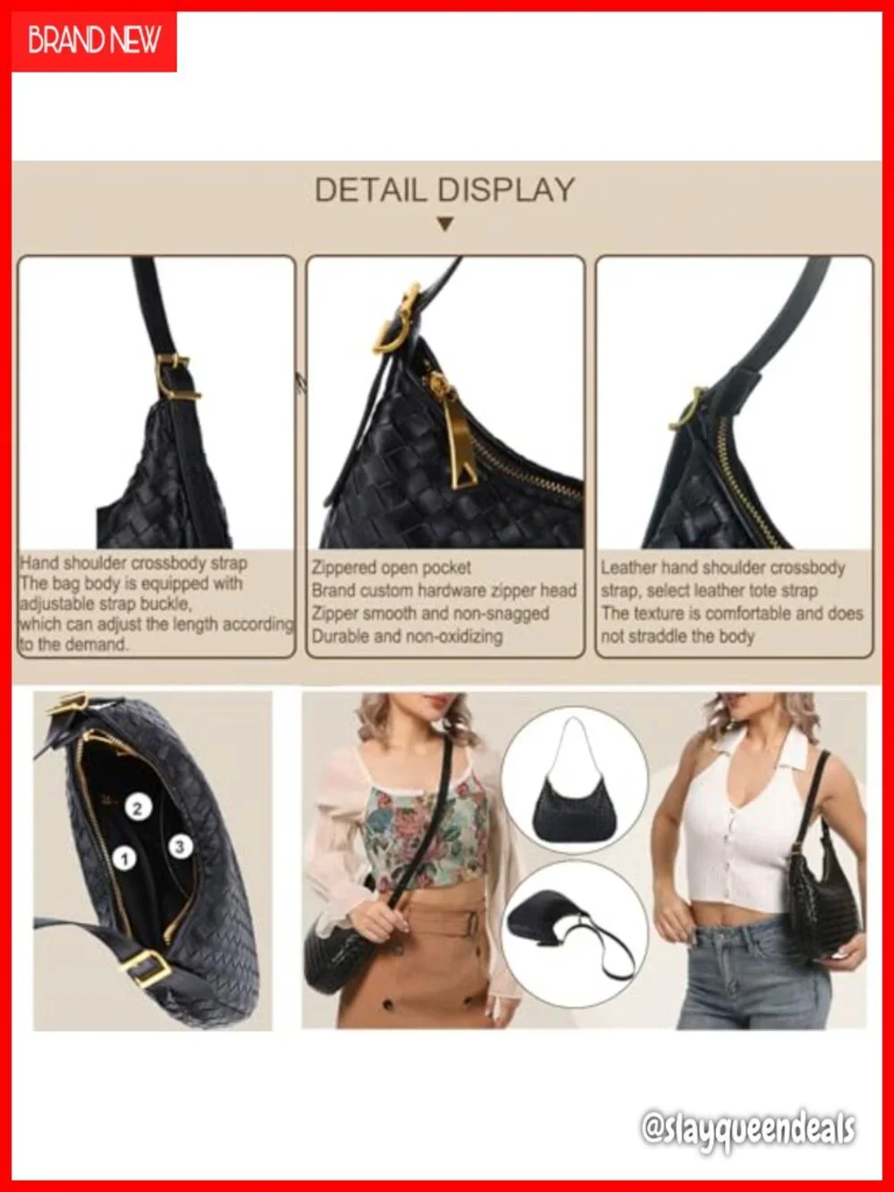 Woven Leather Hobo Shoulder Bag Crossbody Tote Purse Handbag Women Zipper